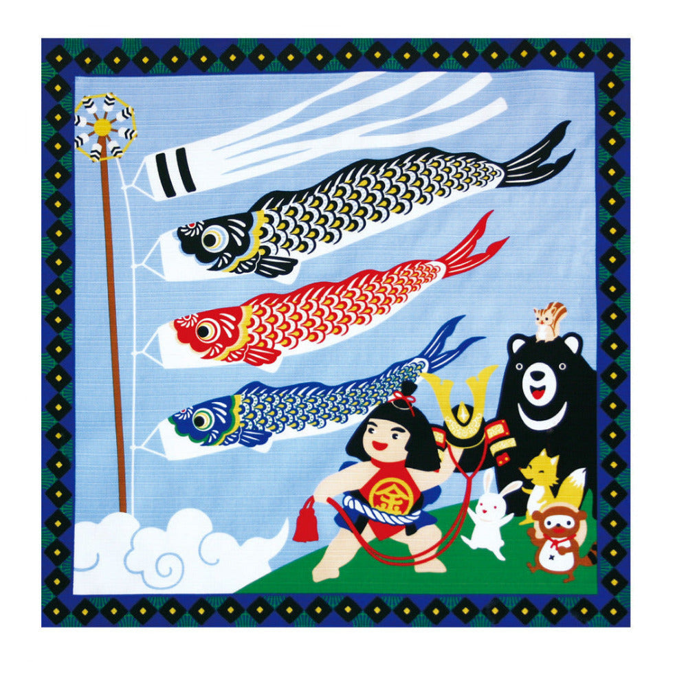 Decorative panel with colorful koinobori fish, a bear, and other characters against a blue sky background.