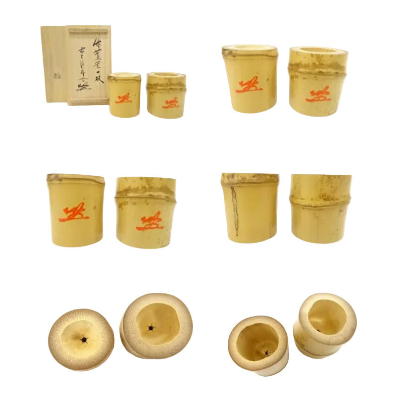 Collage of bamboo containers with red symbols on a white background