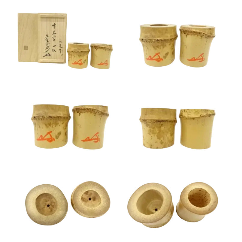 Set of ceramic pots with red text on a white background