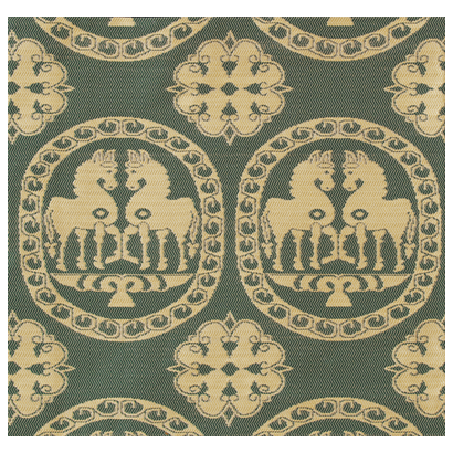 Patterned fabric with lion design on a green background