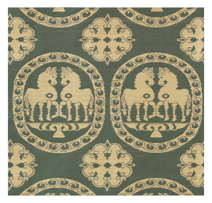 Patterned fabric with lion design on a green background