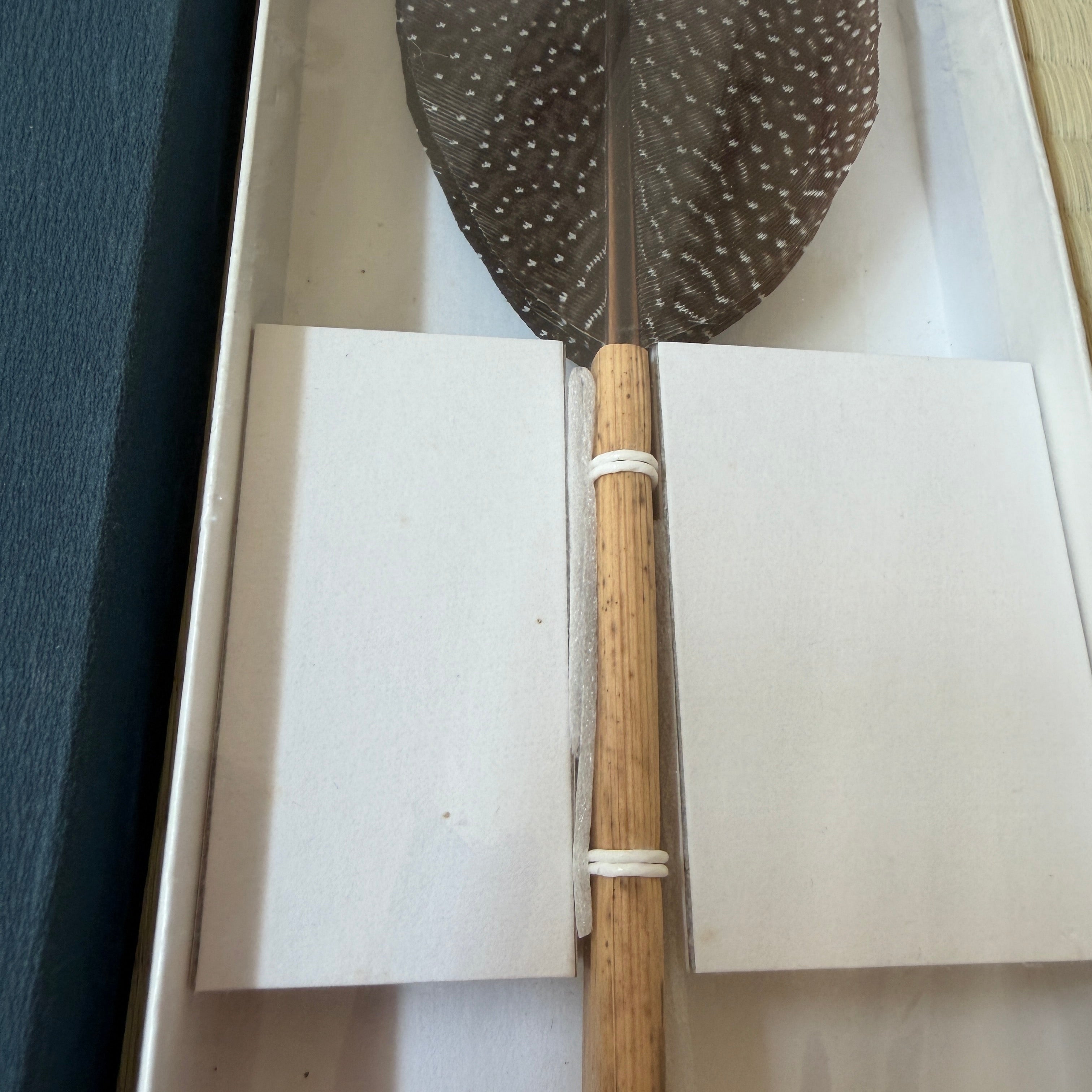 A decorative feather paddle or fan with a brown and white speckled feather and a light wood handle, secured inside a white presentation box.