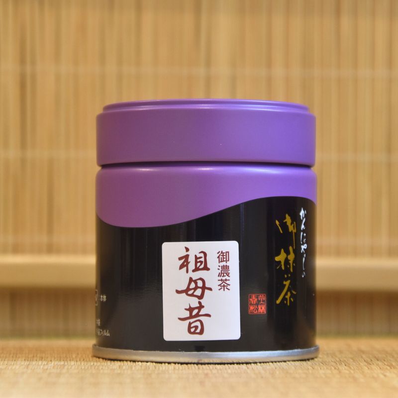 A can of Baba Mukashi_ Ceremonial Grade Matcha by Kanbayashi_Shunsho with Japanese characters displayed on the label.