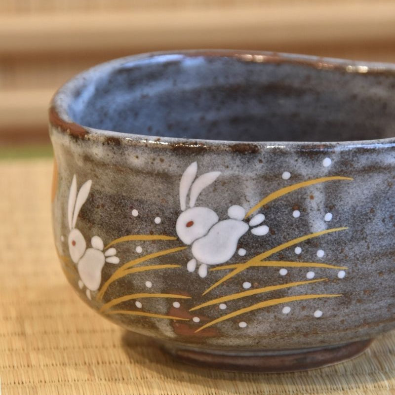Close-up of a ceramic bowl with a rabbit