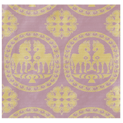 Patterned fabric with yellow designs on a purple background