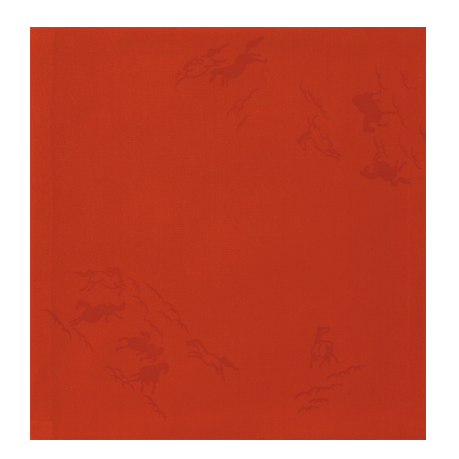 Red-Yuzen Silk Fukusa featuring the Year of the Horse (2026) pattern by Kitamura Tokusai.