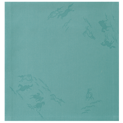 Teal fabric with embroidered patterns on a white background