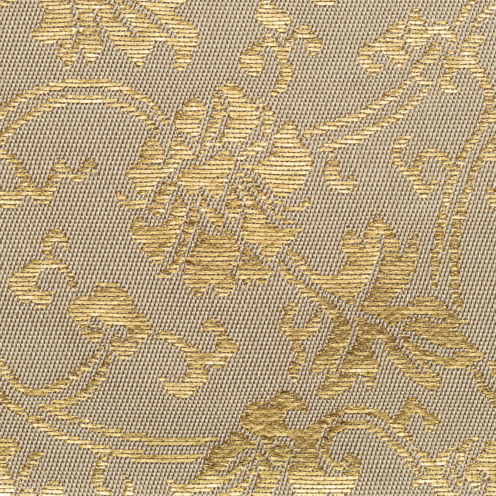 A close-up of a woven fabric with an ornate floral damask pattern in metallic gold over a warm beige background.