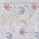 Kobukusa tea cloth used in Japanese tea ceromony. Close-up of cross-stitched fabric with birds and floral patterns