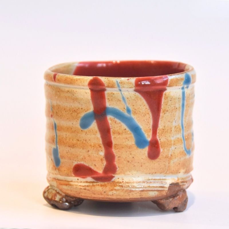 Ceramic pot with abstract red and blue designs on a white background