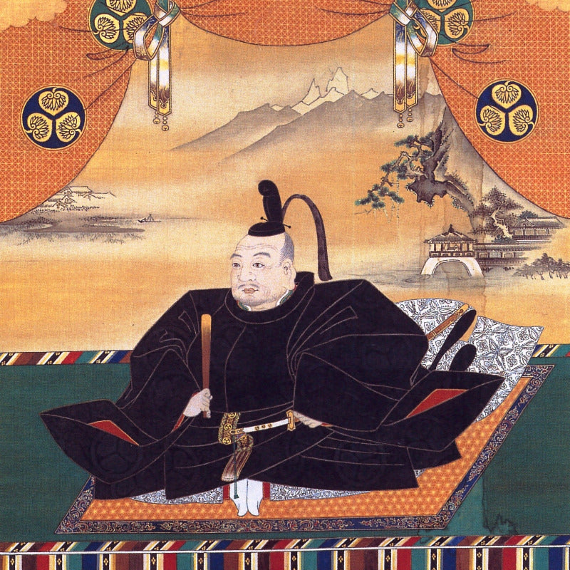 Traditional Japanese artwork of a person in formal attire with a scenic background