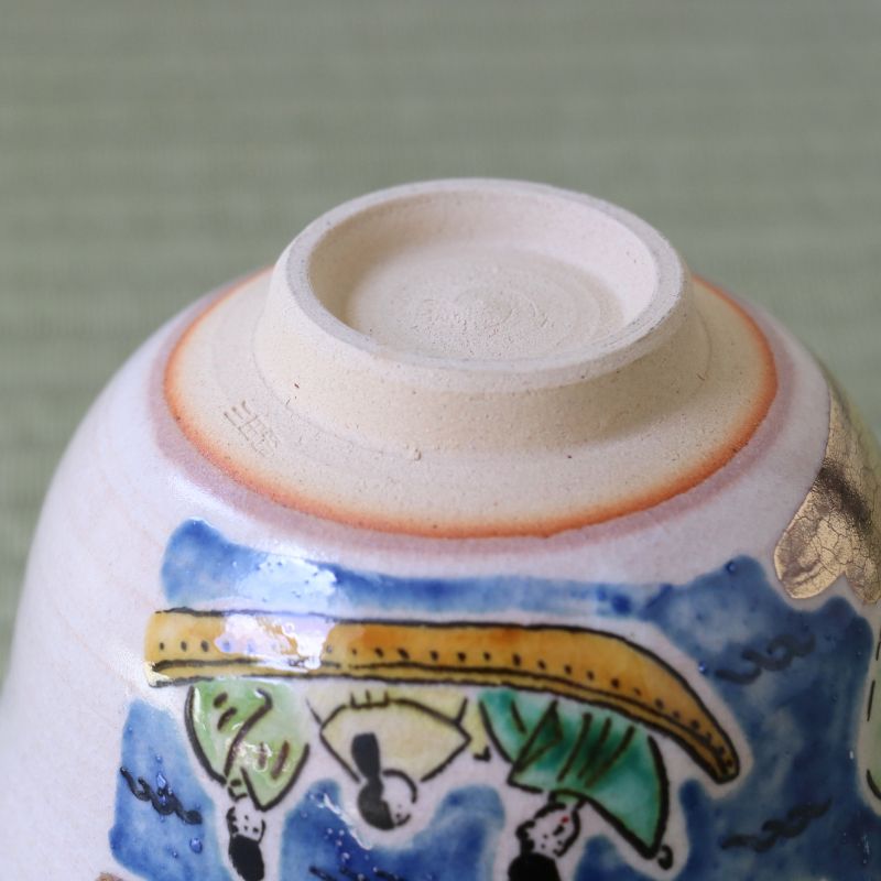 Underside view of the Boat Beneath the Starry Sky matcha bowl showing its ceramic foot and exterior decoration