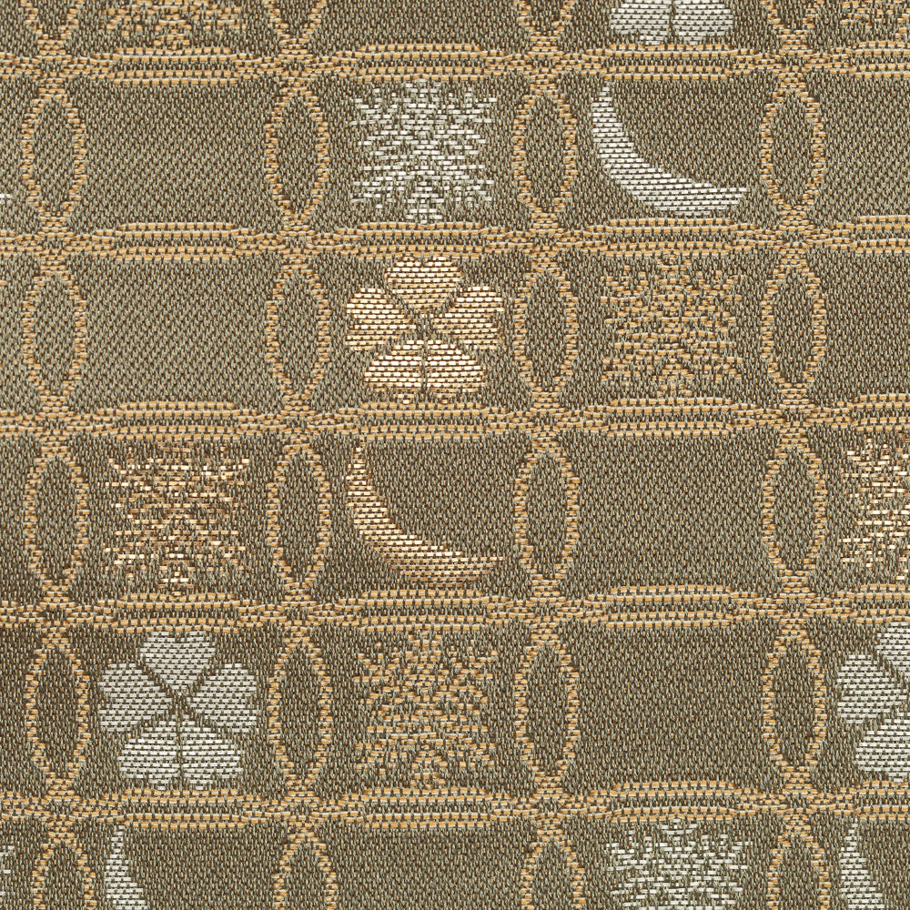 Close-up of the Shippo Setsugekka brocade with overlapping circles, snow, crescent moon, and flower motifs.