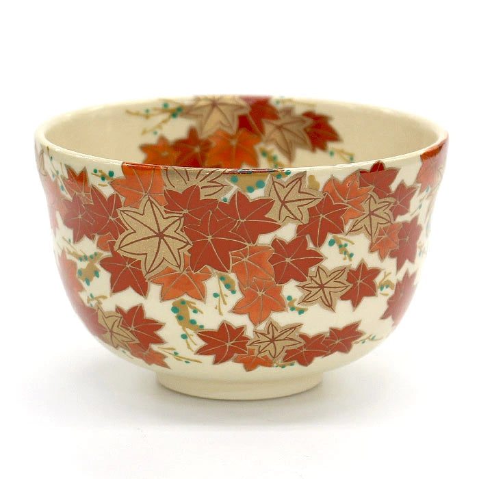 Ninsei-style matcha bowl by Eika Miyaji decorated with colorful autumn maple leaves