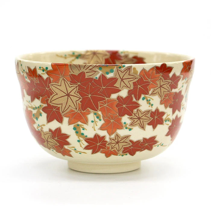 Alternate angle of the autumn maple leaves matcha bowl showing the detailed Ninsei-style decoration