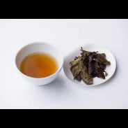 Tea cup with brewed tea and a plate of tea leaves on a white background
