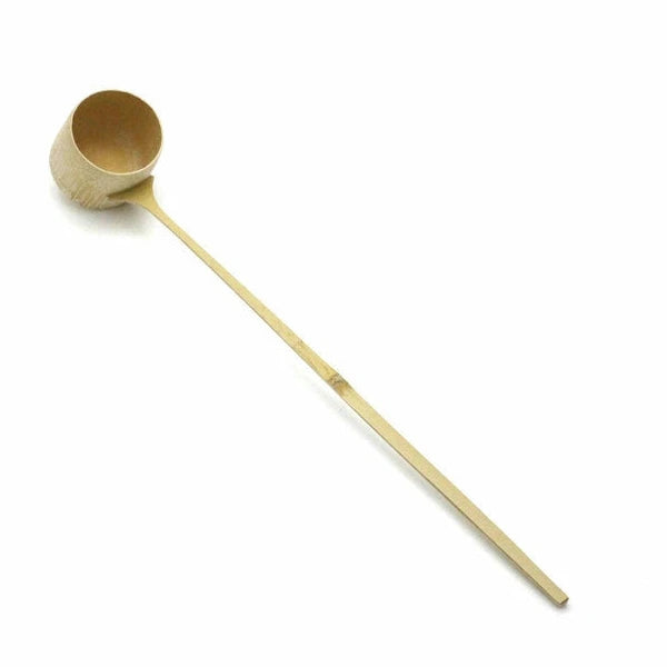 Bamboo ladle on a white background with a red logo at the bottom left corner.