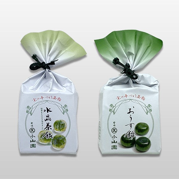 Two white bags with green leaf designs tied shut, featuring illustrations of green tea cookies on a light gray background.
