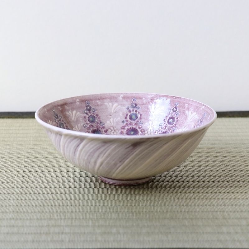 Handcrafted Morisato Touraku Hira Chawan with lavender ribbed exterior and intricate purple floral interior