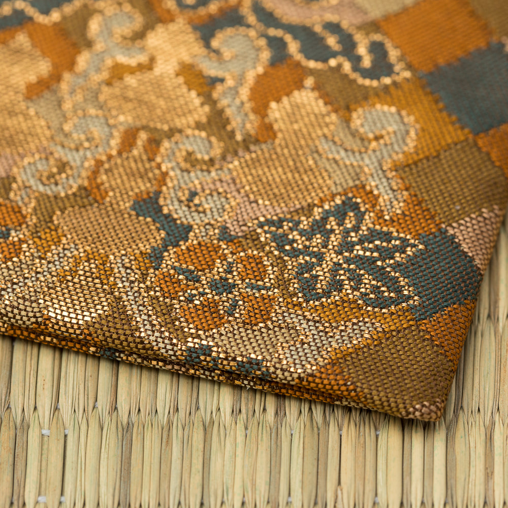 Angled view of a Japanese Nishijin silk kobukusa with traditional Kyoto brocade