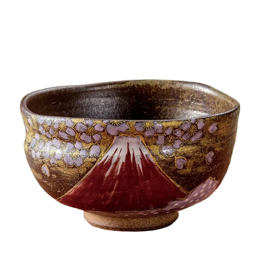 Studio view of the Kutani Ware matcha bowl showing crimson Red Fuji, lavender cherry blossoms, and gold accents against a deep bronze-brown glaze.