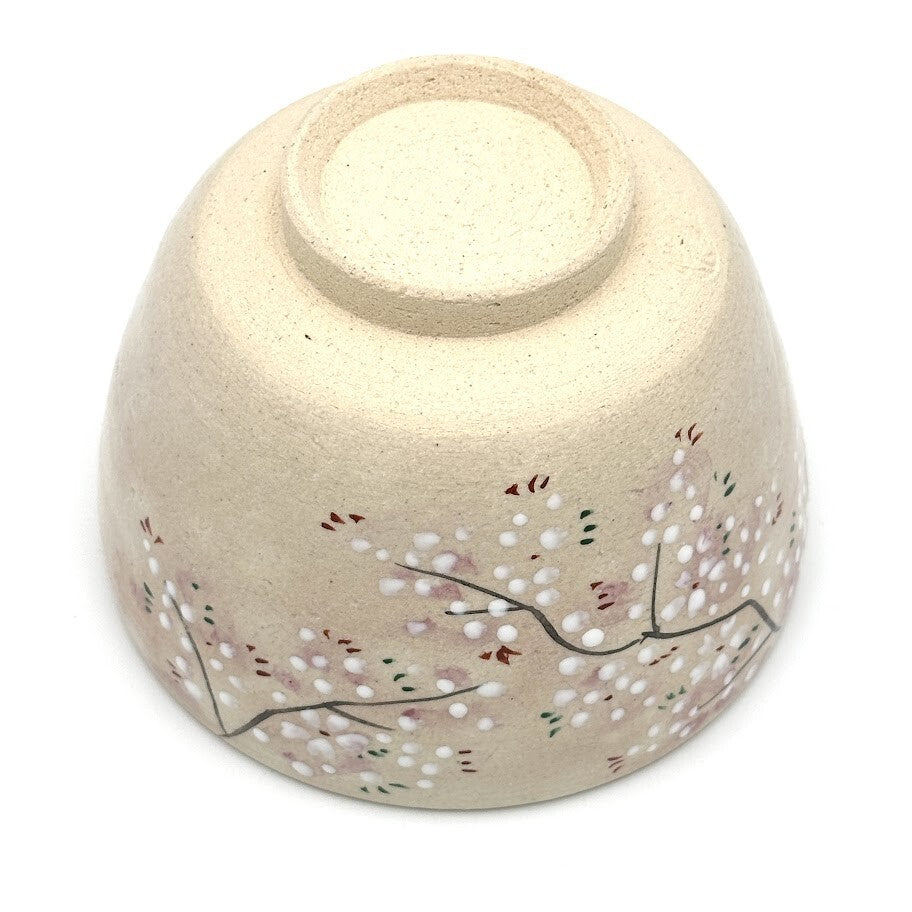 Underside view of the Sakura Kyo Ware matcha bowl showing its ceramic foot and hand-painted cherry blossom decoration