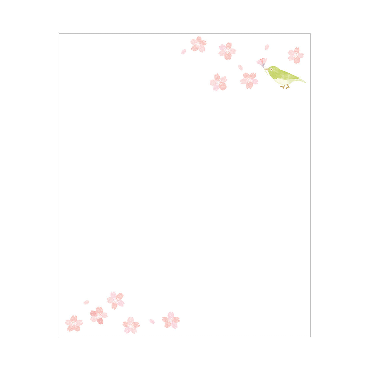 Illustration of a green bird among pink flowers on a white background