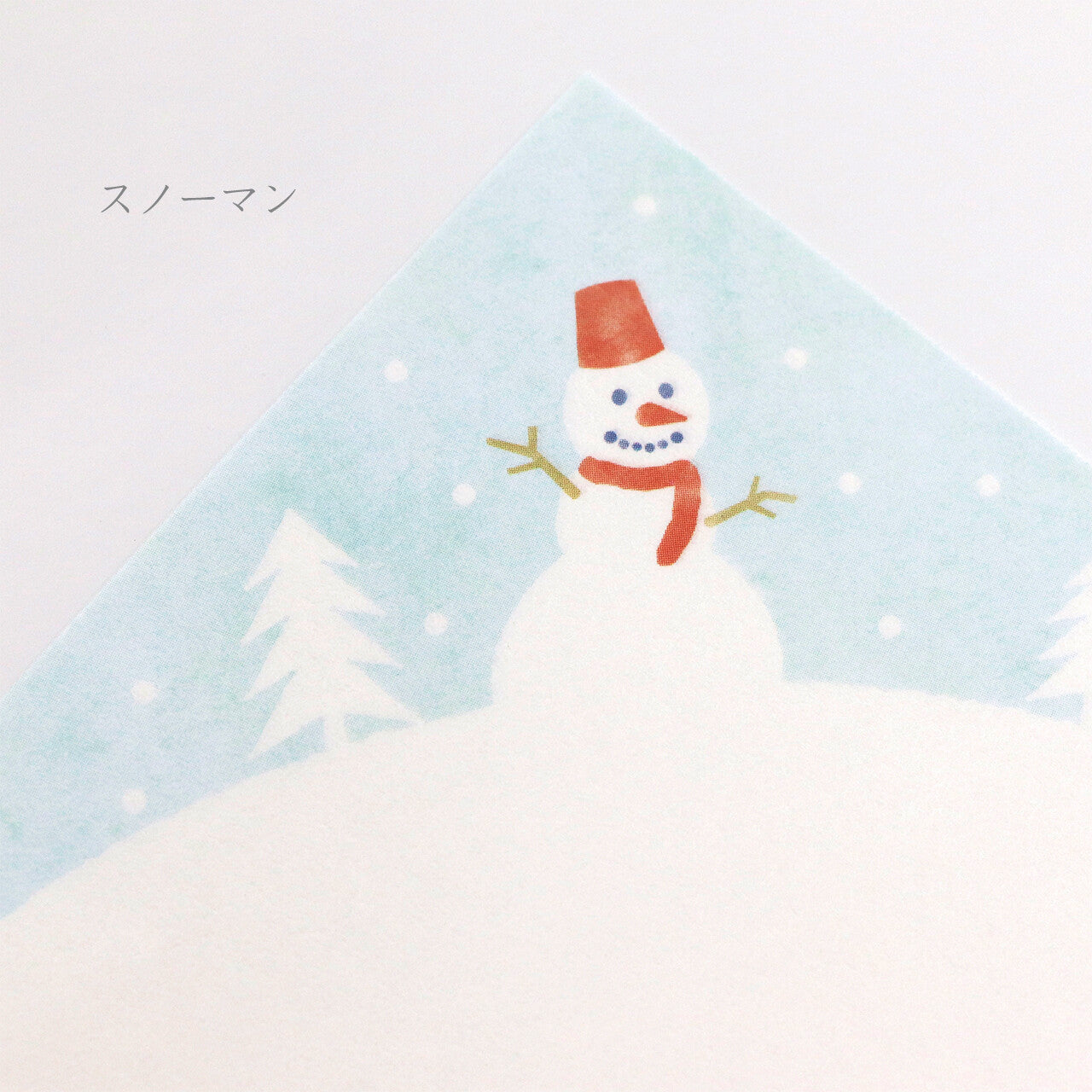 Illustration of a snowman with a red hat and scarf against a snowy landscape.