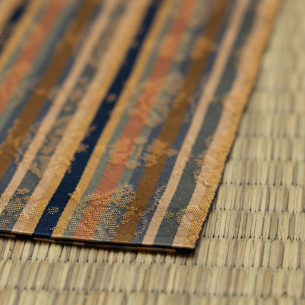 Angled view of a Japanese Nishijin silk kobukusa for tea ceremony handcrafted in Kyoto
