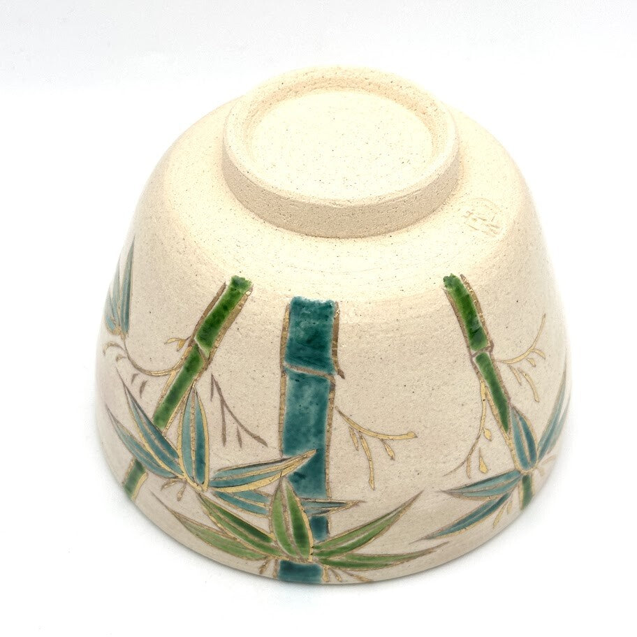 Underside view of the Take bamboo Kyo Ware chawan showing its ceramic foot and hand-painted bamboo decoration