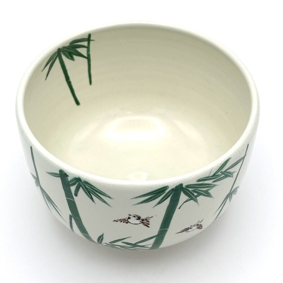 Top view of the Take Suzume matcha bowl showing bamboo and sparrow decoration continuing around the interior and exterior