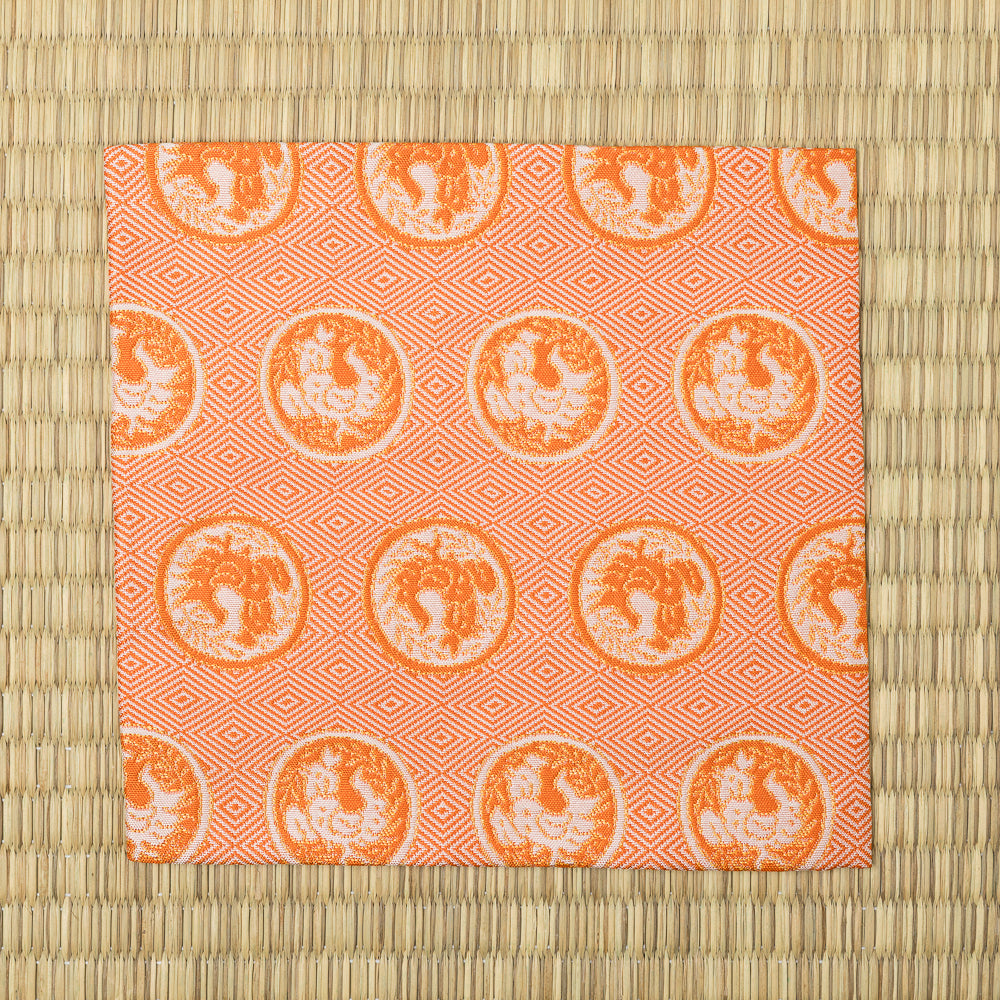 Full repeating rooster motif of the Torimaru Kin Futsu Kyoto Nishijin silk textile for Japanese tea ceremony, Fukusa Cloth and Chanoyu.
