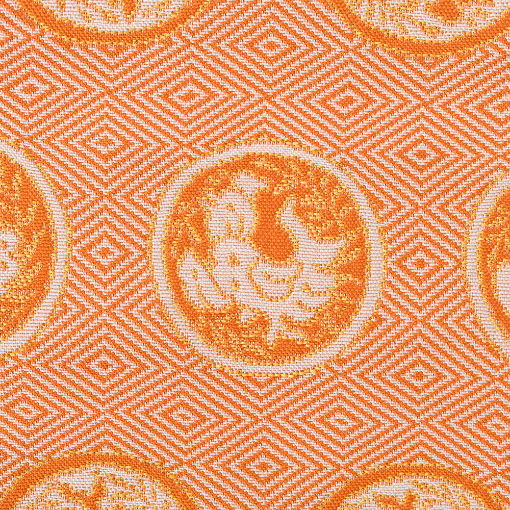 Close-up of the Torimaru Kin Futsu rooster medallion motif woven in Kyoto Nishijin silk for Chado, Sado and traditional tea ceremony.