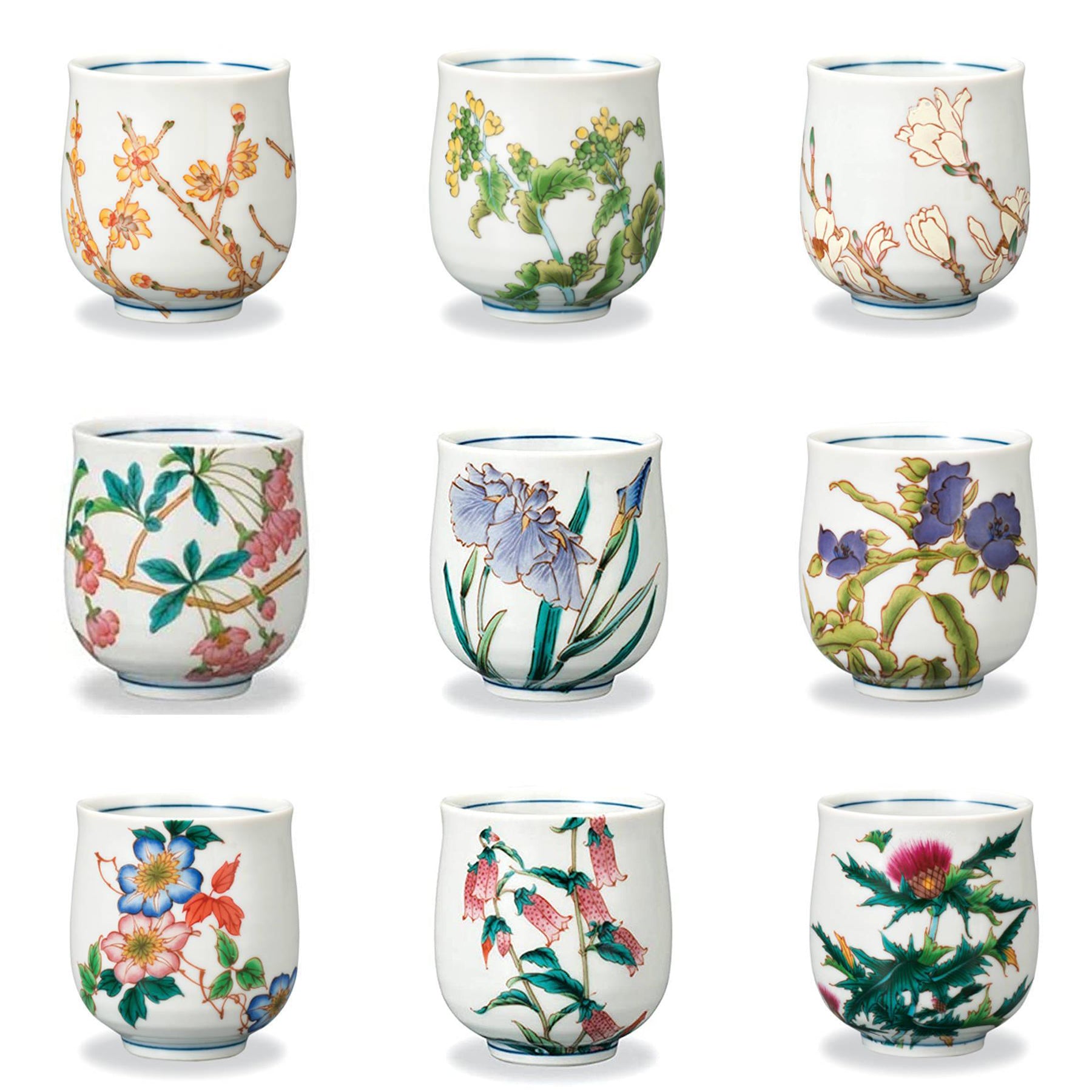 Flower Cups of 12 Month Kutani Ware l 九谷焼 湯呑み 四季の花 12