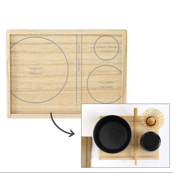 A wooden rectangular tray with printed circular and linear guides, shown alongside an inset usage photo of black bowls and a small decorative item placed on the tray. Japanese text appears above and below, explaining the guide design and usage.