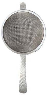 A stainless steel tea strainer with a circular mesh filter and a long, textured handle, shown against a plain white background.