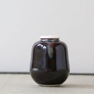 A small glossy ceramic jar with a rounded body and a light-colored lid, shown on a neutral textured surface against a plain light background.