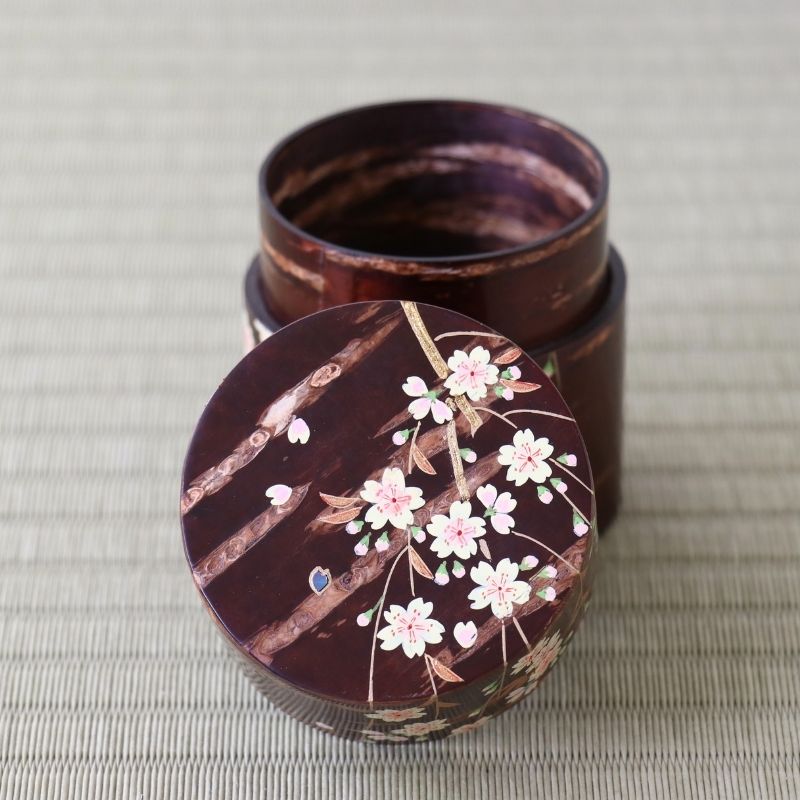 Sakura Wood Nakatsugi Chaki – Weeping Cherry Blossom Maki-e – Nara
