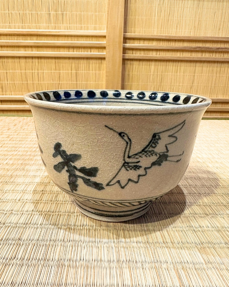 Crackle Glaze Tea Bowl with Crane Matcha Tea Bowl（USED）