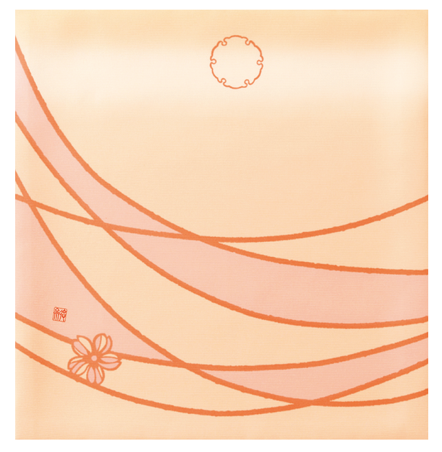 Silk Cloth with abstract orange lines and floral elements on a peach background