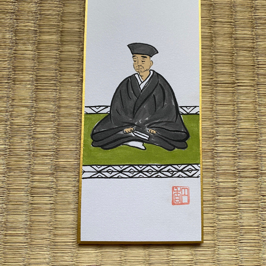 Traditional Japanese illustration of a person in black robes on a woven mat background