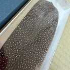 A brown feather with small white spots, displayed inside a clear plastic sleeve on a light beige woven mat next to a blue textured surface.