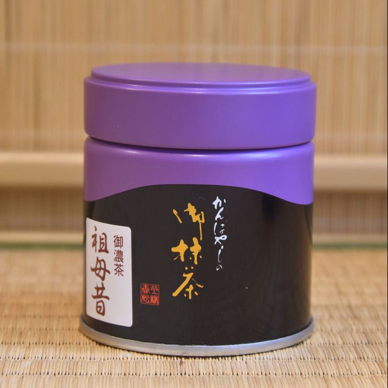 A can of Baba Mukashi_ Ceremonial Grade Matcha by Kanbayashi_Shunsho with Japanese characters displayed on the label.