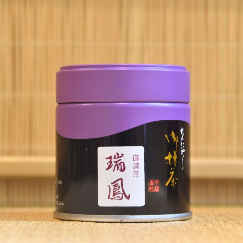 A can of Zuihō premium Ceremonial Grade Matcha by Marukyu Koyamaen Kanbayashi_Shunshowith Japanese characters displayed on the label.