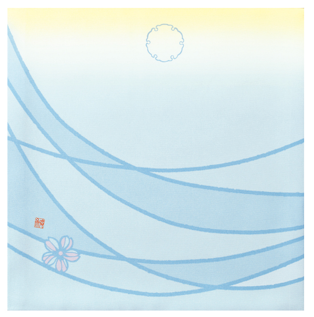 Abstract design with blue lines and floral elements on a light blue background