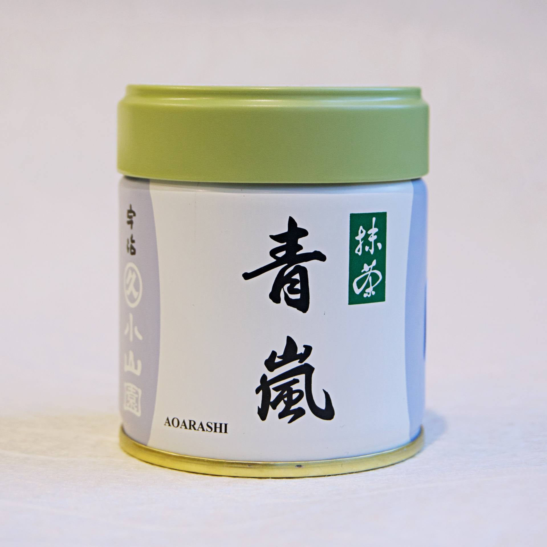 A can of AOARASHI Marukyu Koyamaen Uji Matcha with Japanese characters and green branding elements on a white background.