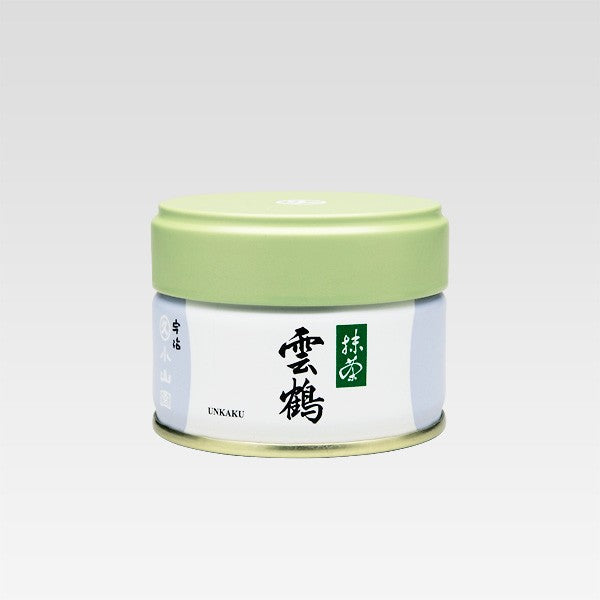 A can of UNKAKU Ceremonial Grade Matcha by Marukyu Koyamaen with Japanese characters displayed on the label.