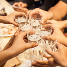 People toasting with glasses at a welcome dinner event.