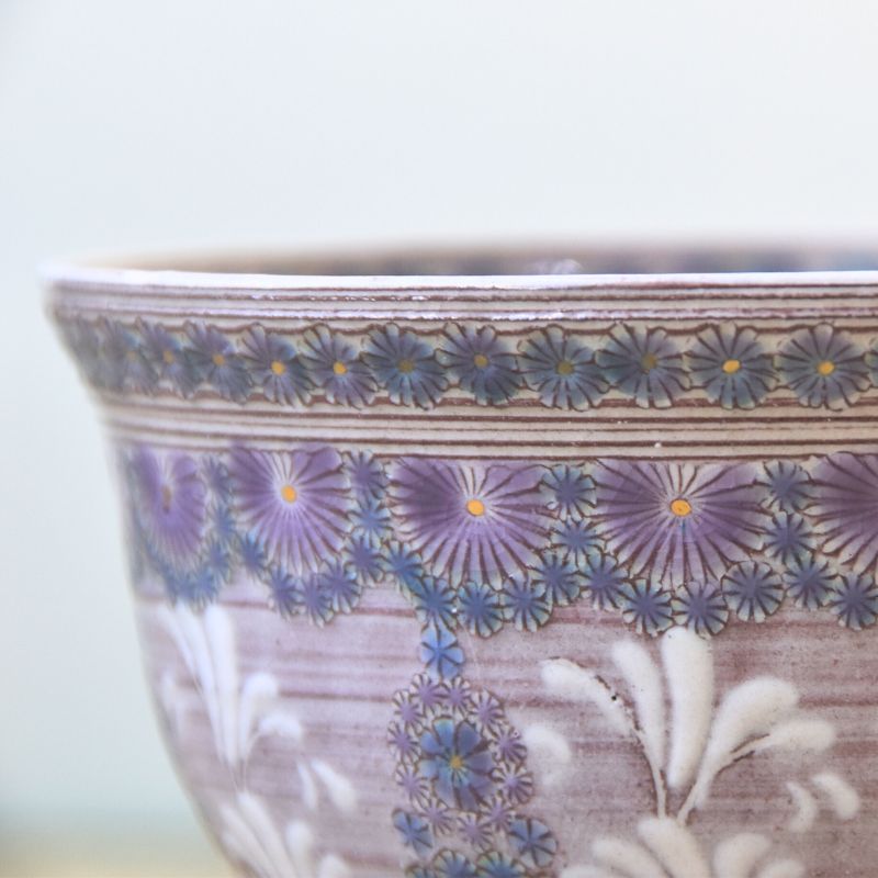 Close-up of a ceramic bowl with floral patterns on a white background