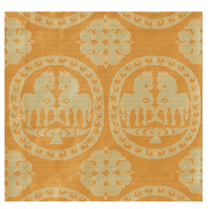 Decorative fabric with circular patterns and central designs on an orange background